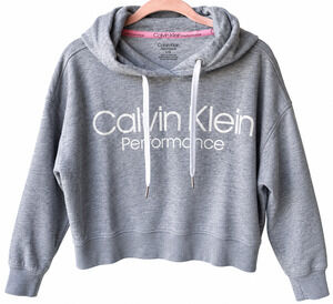 Calvin Klein Performance Women's Cropped Hoodie Size L Gray Logo Sweatshirt